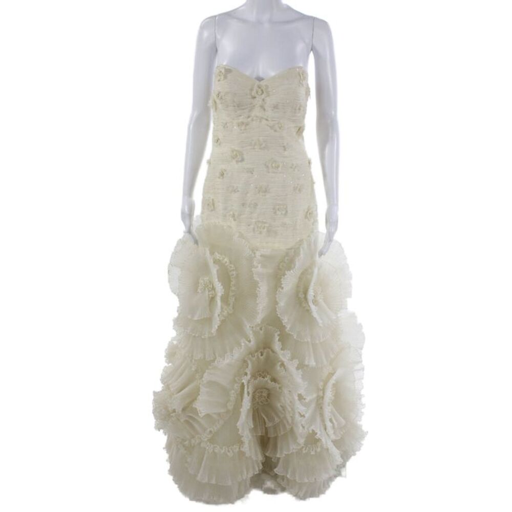 Sue Wong Womens Floral Applique Strapless Mermaid Wedding Dress Cream Size 6